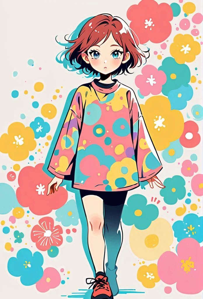 Nao Ehon style, Standing in front of a high wall,Simple Line Initialism,Abstract art,Urban Background, (((The most beautiful girl))), Lips in Love, walking, colorful flowers