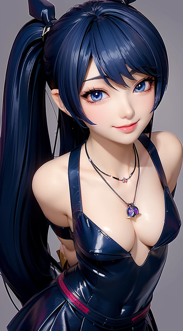 (masterpiece:1.3), (Best Quality:1.3), (Ultra-detailed:1.2), ((kawaii)), Cute, (lovely), ((sexy)), ((Extremely detailed)), 4K, (8K), Best Quality, (Beautiful), Illustration, anime style, (bold line:1.2), Gradation, looking at viewer, //, (bent down:1.1), (arms behind back), //, a cute girl, 1girl, (solo:1.2), gleaming skin, //, (flat chested), (Perfect eyes:1.2), (Perfect iris:1.2), //, darkblue hair color, (beautiful eyes) //, (half closed eyes:1.3), (sexual expression:1.2), Fascinated expression, smile, (blush:1.2), //, modern city background, on rock, twin tails, muscle girl, hard abs, exposed abs, NECKLACE, tight blouse, skirt, cleavage