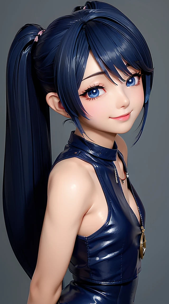 (masterpiece:1.3), (Best Quality:1.3), (Ultra-detailed:1.2), ((kawaii)), Cute, (lovely), ((sexy)), ((Extremely detailed)), 4K, (8K), Best Quality, (Beautiful), Illustration, anime style, (bold line:1.2), Gradation, looking at viewer, //, (bent down:1.1), (arms behind back), //, a cute girl, 1girl, (solo:1.2), gleaming skin, //, (flat chested), (Perfect eyes:1.2), (Perfect iris:1.2), //, darkblue hair color, (beautiful eyes) //, (half closed eyes:1.3), (sexual expression:1.2), Fascinated expression, smile, (blush:1.2), //, modern city background, on rock, twin tails, muscle girl, hard abs, exposed abs, NECKLACE, tight blouse, skirt, cleavage