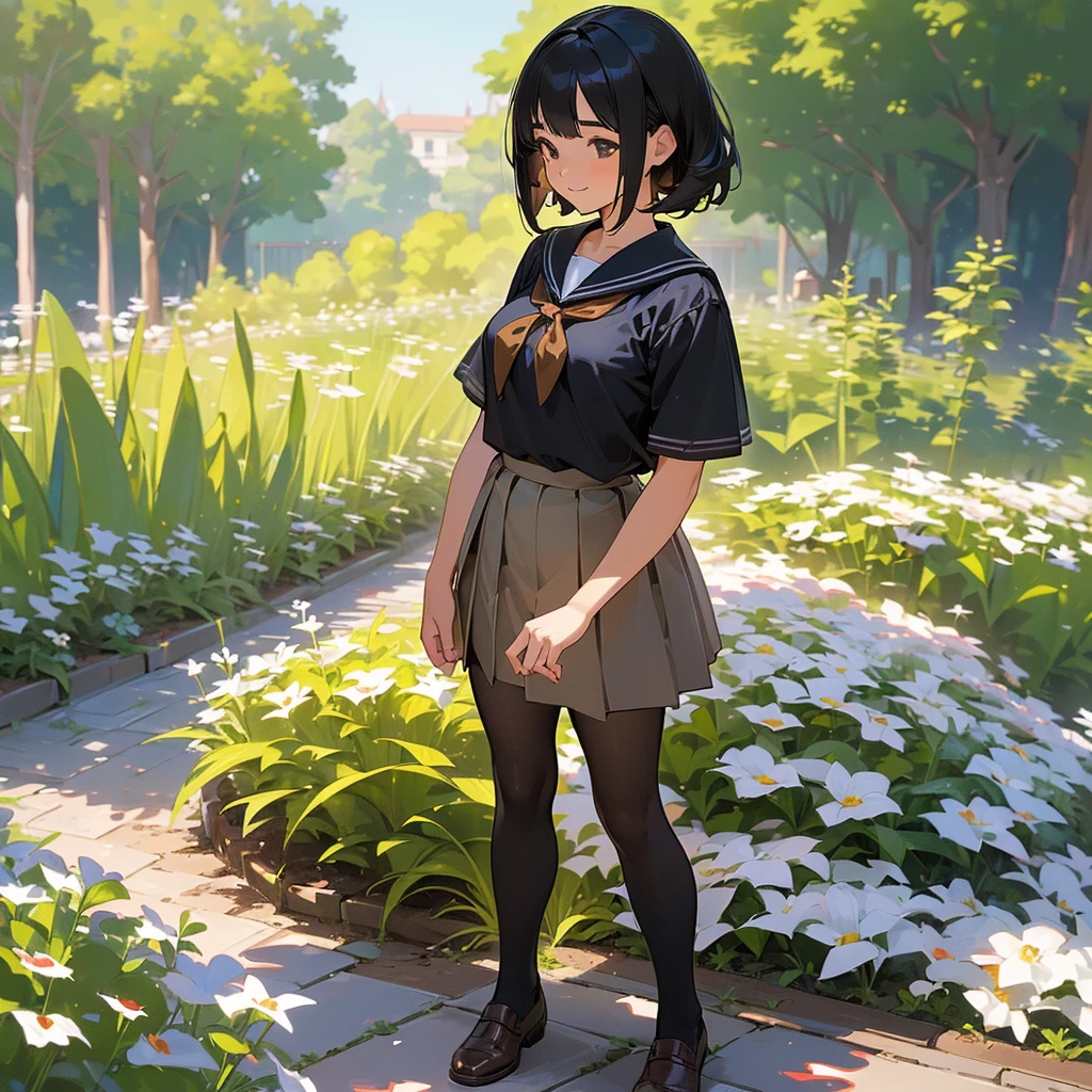 (Highest quality, High resolution, Super detailed, Realistic:1.37), Peaceful atmosphere, (Outdoor, garden), Teenage girl standing alone,(my breasts are big.),Beautifully detailed features, Cute Smile, ((Black bob hair)),Short-sleeved sailor uniform, Pleated skirt,Black tights,Brown leather shoes.