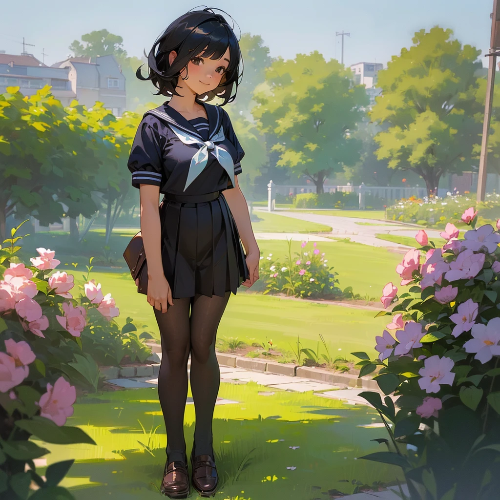 (Highest quality, High resolution, Super detailed, Realistic:1.37), Peaceful atmosphere, (Outdoor, garden), Teenage girl standing alone,(my breasts are big.),Beautifully detailed features, Cute Smile, ((Black bob hair)),Short-sleeved sailor uniform, Pleated skirt,Black tights,Brown leather shoes.