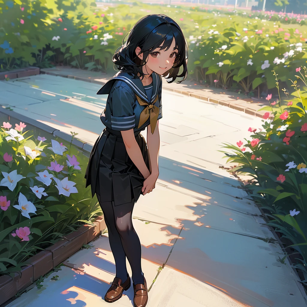 (Highest quality, High resolution, Super detailed, Realistic:1.37), Peaceful atmosphere, (Outdoor, garden), age girl standing alone,(my breasts are big.),Beautifully detailed features, Cute Smile, ((Black bob hair)),Short-sleeved sailor uniform, Pleated skirt,Black tights,Brown leather shoes.