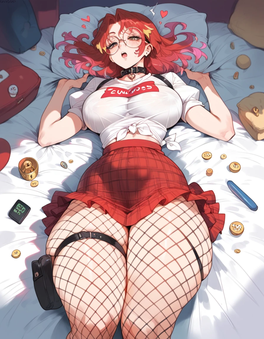 punctuation_9, punctuation_8_High above, punctuation_7_High above, punctuation_6_High above, 
round glasses, Eyes red, pillow, breasts big, thicc thighs, tied shirt, red skirt, skintight, giorno, handle puller, piercing, Wart, sulco megiornono, clavicle, sheet, fishnet stocking, Luster, hair with highlights, puffy short sleeves, thigh bag, plaid, x-shaped pHigh aboveils, heart, collar shirt