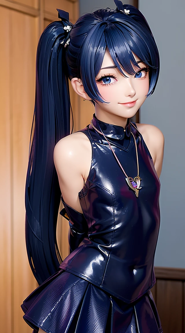 (masterpiece:1.3), (Best Quality:1.3), (Ultra-detailed:1.2), ((kawaii)), Cute, (lovely), ((sexy)), ((Extremely detailed)), 4K, (8K), Best Quality, (Beautiful), Illustration, anime style, (bold line:1.2), Gradation, looking at viewer, //, (bent down:1.1), (arms behind back), //, a cute girl, 1girl, (solo:1.2), gleaming skin, //, (flat chested), (Perfect eyes:1.2), (Perfect iris:1.2), //, darkblue hair color, (beautiful eyes) //, (half closed eyes:1.3), (sexual expression:1.2), Fascinated expression, smile, (blush:1.2), //, modern city background, on rock, twin tails, muscle girl, hard abs, exposed abs, NECKLACE, tight blouse, skirt