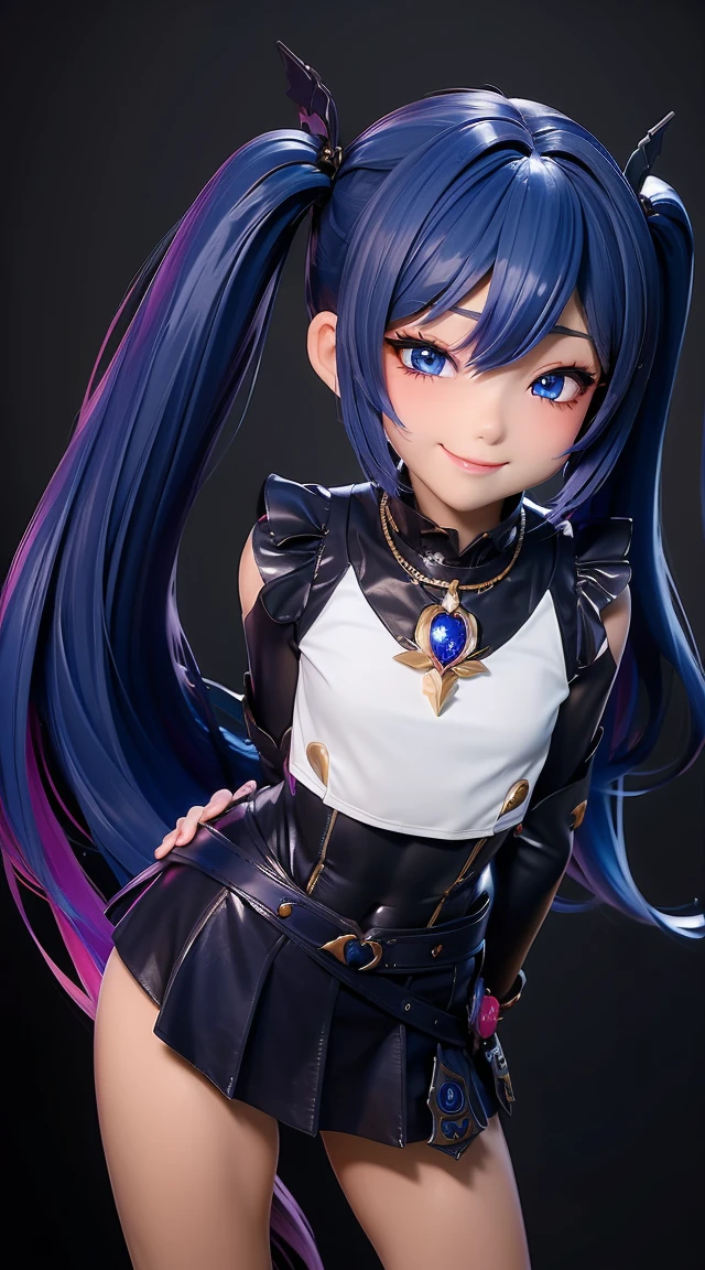 (masterpiece:1.3), (Best Quality:1.3), (Ultra-detailed:1.2), ((kawaii)), Cute, (lovely), ((sexy)), ((Extremely detailed)), 4K, (8K), Best Quality, (Beautiful), Illustration, anime style, (bold line:1.2), Gradation, looking at viewer, //, (bent down:1.1), (arms behind back), //, a cute girl, 1girl, (solo:1.2), gleaming skin, //, (flat chested), (Perfect eyes:1.2), (Perfect iris:1.2), //, darkblue hair color, (beautiful eyes) //, (half closed eyes:1.3), (sexual expression:1.2), Fascinated expression, smile, (blush:1.2), //, modern city background, on rock, twin tails, muscle girl, hard abs, exposed abs, NECKLACE, tight blouse, skirt