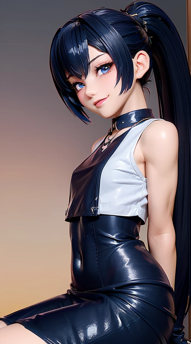 (masterpiece:1.3), (Best Quality:1.3), (Ultra-detailed:1.2), ((kawaii)), Cute, (lovely), ((sexy)), ((Extremely detailed)), 4K, (8K), Best Quality, (Beautiful), Illustration, anime style, (bold line:1.2), Gradation, looking at viewer, //, (bent down:1.1), (arms behind back), //, a cute girl, 1girl, (solo:1.2), gleaming skin, //, (flat chested), (Perfect eyes:1.2), (Perfect iris:1.2), //, darkblue hair color, (beautiful eyes) //, (half closed eyes:1.3), (sexual expression:1.2), Fascinated expression, smile, (blush:1.2), //, modern city background, on rock, twin tails, muscle girl, hard abs, exposed abs, NECKLACE, tight blouse, skirt