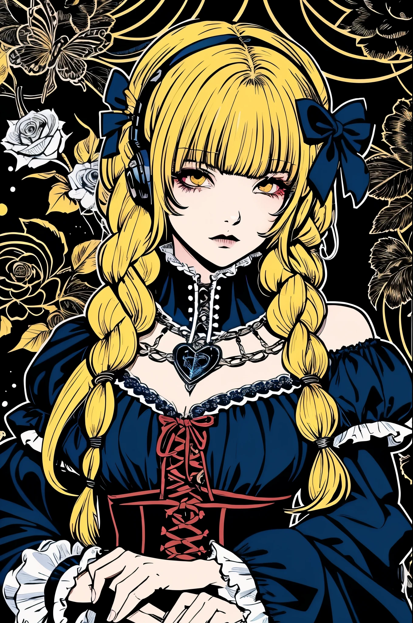 Beautiful Hardcore Illustration homepage illustration style, dark, high resolution, hard touch illustration, strong outline, 1 girl, gothic & ta style, gothic & loliashion, 8k, American comic style, colorful background, Hiroyuki Nagasaka, aggressive, beautiful face, cool beauty, dress, beauty style, yellow color, Hard illustration, blue hear,