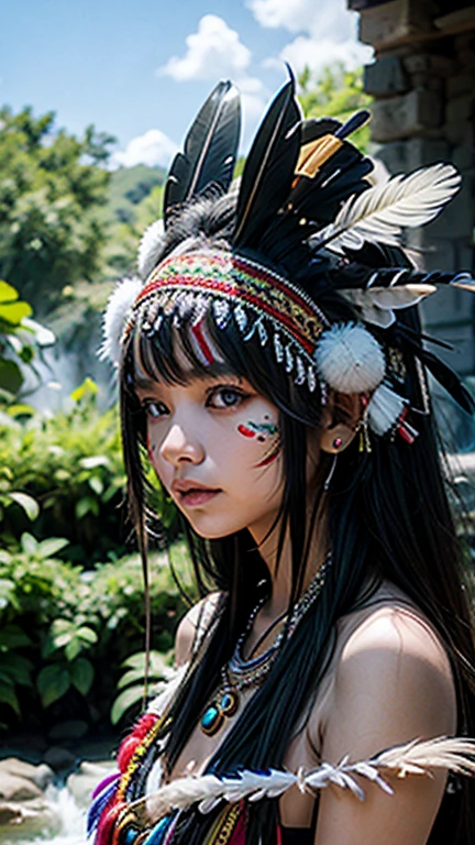 FULL BODY OF AN 18-YEAR-OLD INDIGENOUS GIRL WITH TRIBAL PAINTING LOOKING FROM BELOW THE WATERFALL, no clothing, COLORFUL NECKLACES AND A FEATHER HEADDRESS