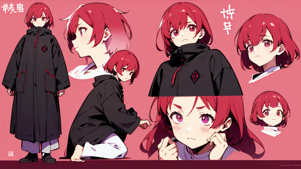 CharacterDesignSheet、the same character、gauges、across、soles)、Pink and light red、hairstyle long、The eye、Environmental changes、White background、Various expressions、red hair