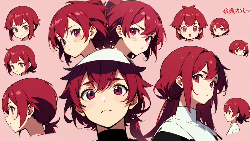 CharacterDesignSheet、the same character、gauges、across、soles)、Pink and light red、hairstyle long、The eye、Environmental changes、White background、Various expressions、red hair