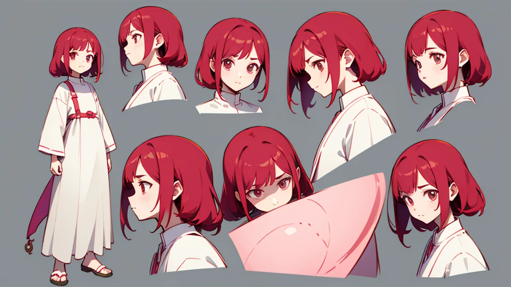 CharacterDesignSheet、the same character、gauges、across、soles)、Pink and light red、hairstyle long、The eye、Environmental changes、White background、Various expressions、red hair
