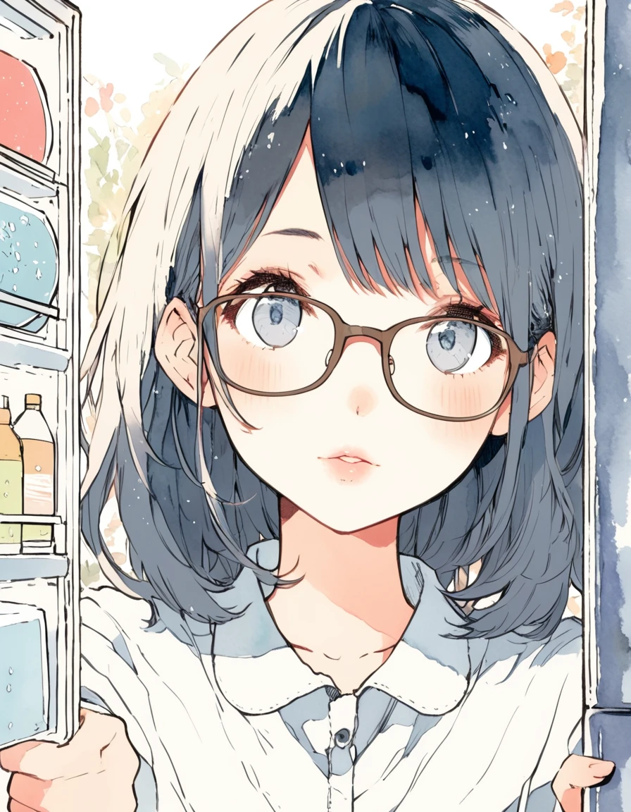 ultra-detailed:1.3, ultra delicate and detailed face:1.3, (absurdres, texture, masterpiece), watercolor, soft warm color, ennui morning, pixiv contest winner, by Posuka Demizu, dynamic manga-style illustration of slender girl with glasses is opening fridge, moist eyes, moist lips, head tilt,