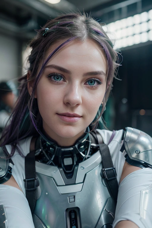 a beautiful 18 year old girl with bionic implants, green eyes, violet hair, skin as white as snow, super sexy, extreme realism, (hdr), detailed face, intricate mechanical details, glowing cybernetic enhancements, dynamic pose, dramatic lighting, cinematic composition, photorealistic, 8k, masterpiece, posing with her face sideways with a sexy smile.