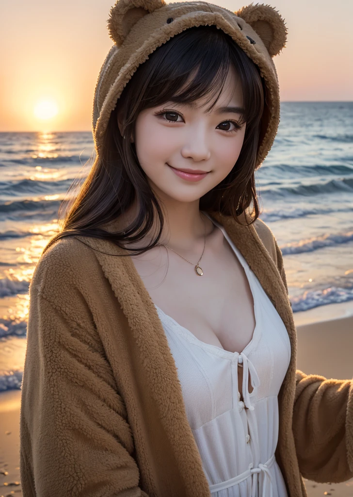 (Realistic, photo-Realistic:1.37),(8K, RAW Photos, Highest quality, masterpiece:1.2), cute, Ultra-detailed, 超High resolution, Kodak Vision Color, Filmed with an Arricam LT camera,Highest quality, Lively, 8K, High resolution, 1 girl, Escape, (Professional Lighting), (Portraiture:0.6), Black Hair, (Medium Hair),21 years old、slender、 Long Hair, Modern photography, wear (bear costume), (Portraiture), cuteクマのワンジーパジャマ, Super soft light brown plush fabric, debtわdebtわフード, cuteクマの頭巾, (35mm, debt/2.8) Photo , Aperture, Highly detailed and exquisite, character, Hypermaximalist, beautiful, reveal, Charm, Charm, Affectionate, Ultra-realistic, Very detailed, beautiful woman, ((Fine grain)), Long eyelashes, (Glossy Lips), Sandy Beach、Ocean、Calm waves、Walking along the coast、topless、sunset、Smile happily、Laugh your heart out、
