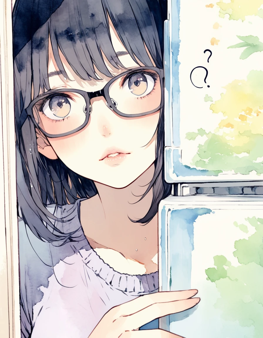 ultra-detailed:1.3, ultra delicate and detailed face:1.3, (absurdres, texture, masterpiece), watercolor, soft warm color, ennui morning, pixiv contest winner, by Posuka Demizu, dynamic manga-style illustration of slender girl with glasses is opening fridge, moist eyes, moist lips, head tilt, ?,