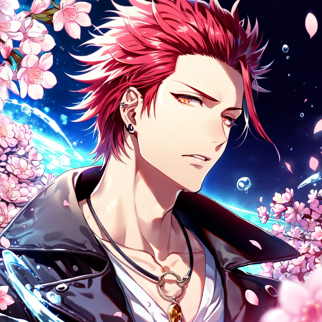 absurdres, highres, ultra detailed, HDR, master piece, Suoh Mikoto, red hair, hair is kept short, ruffled, slicked back and spiked, with two strands of hair near the opposite sides of his head falling over his face, expressive amber eyes, K Project, black leather jacket with fur, white v-neck shirt, star collar, sexy man, handsome, best quality, blossoms, pink petals, pink flowers, water, fantasy, magical, blue shining fireflies, a piercing, solo, toned chest
