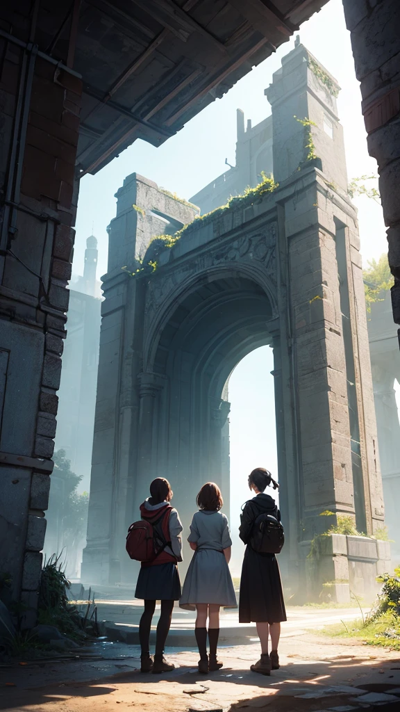 Three friends standing next to a portal to another world 