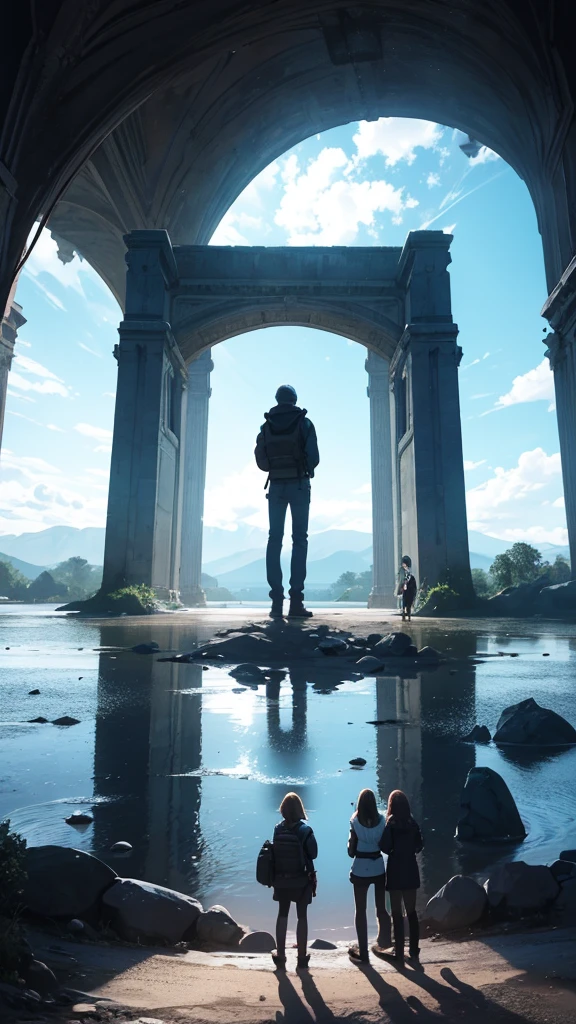 Three friends standing next to a portal to another world