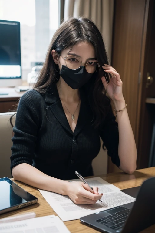 Created a woman person who is anonymous a bit like Gossip girl. I want her to be a woman of power and who knows everything behind her phone. I want her to wear sunglasses and a mask. Personne sait qui elle est est mais elle fait peur. I want her to have a computer and phone