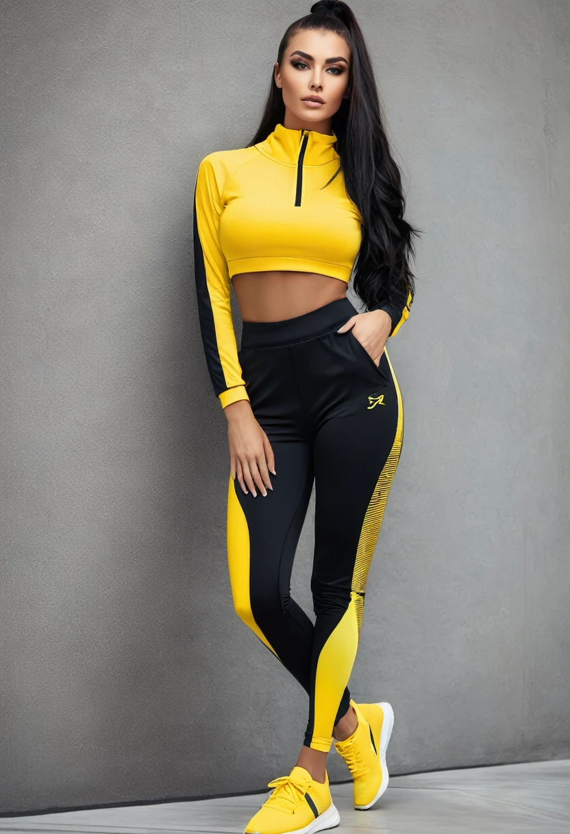 Beautiful sexy  woman, beautiful athletisure style, shoes sport, full length , black, yellow 