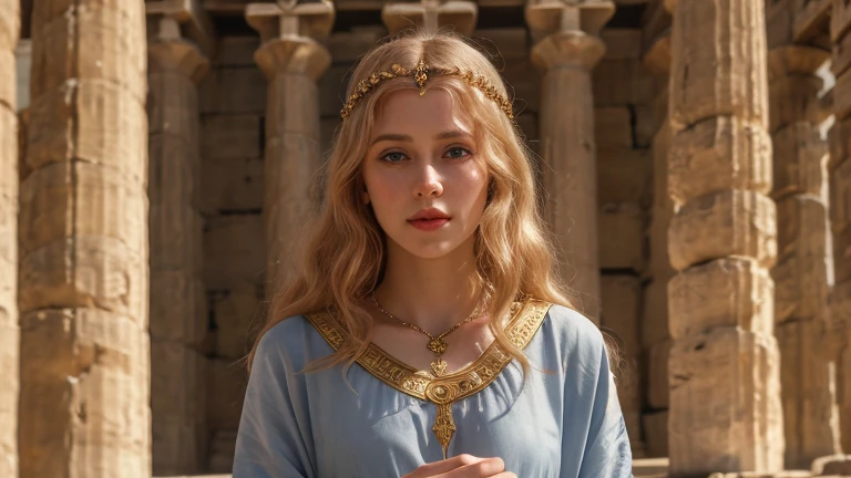 Masterpiece, a beautiful 25 years old Helen of Troy in her palace, long wavy strawberry blonde hair, detailed eyes light grey-blue, (wearing an ancient greek doric tunic , wearing a Strophion, wearing a Peplos, wearing a full set of ancient greek jewelry:1.3), slender body, 1girl, purity, skin pores texture, ultra high res.photorealistic, UHD , Photography, movie, cinematic, 8k, RAW photo, beautiful, natural lighting, depth of field, film grain, wrinkled skin, pale skin, sharp, detailed and realistic full body shot, staring at camera, noble, chapped lips, soft natural lighting, magical photography, dramatic lighting, Leica 50mm, detailed Troy Palace in the background, sunny day