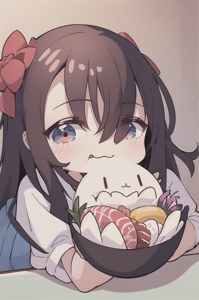 (finely best quality illustration:1.20), (kawaii girl:1.10), (1girl, solo:1.00), a girl eat sushi happily