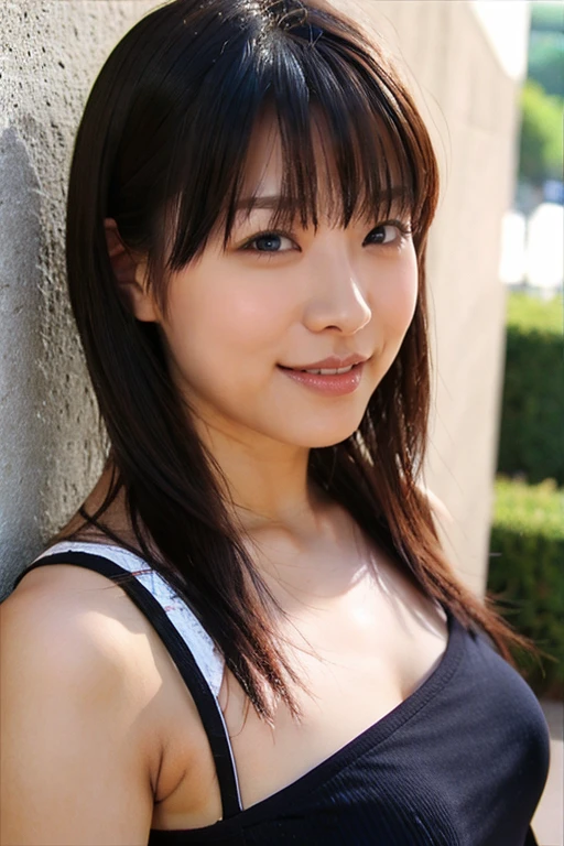 Medium Size Display, Medium Shot, Written boundary depth, bust, Upper Body, Movie angle, masterpiece, Highest quality, Very detailed, CG, 8k wallpaper, Beautiful Face, Delicate eyes, Otome, alone, smile, bangs, have,Black tank top, bow, petal, bouquet