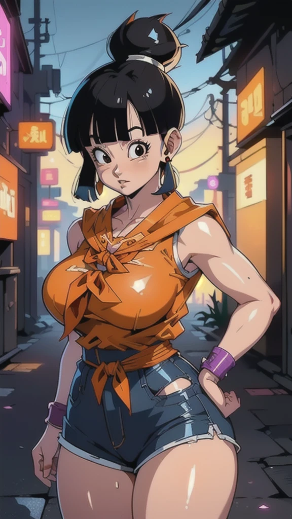 (ultra realistic,32k,RAW photo:1.1),(high detailed skin:1.1), 8k uhd, dslr, high quality, film grain, (makeup, mascara:1.1),(Videl dragon ball :1.4), lips,(thick\lips\), ,(Cyberpunk ruined dungeon ruins alley background :1.4 ), (miniskirt white :1.4), (medias blancas brillantes/pantys:1.4),(japanese white kimono :1.4), 
(shiny glossy translucent clothing:1.4 ), dragon ball, bbchichi, single hair bun, hair bun, (blunt bangs:1.4) , sidelocks, black eyes, earrings,( orange neckerchief:1.4) , orange scarf, purple dress, sleeveless, bracelet, huge breast, 
(looking at viewer, portrait:1.1),, 
 (busty:1.1) ,  (chubby:0.1),(soft shaded neon light:1.1),dark theme, A very clean and well organized contemporary place, (dynamic cowboy pose), (perfect anatomy :1.4), (Videl dragon ball V2.1), ,( ciberpunk 2.1),( mini skirt white :1.4