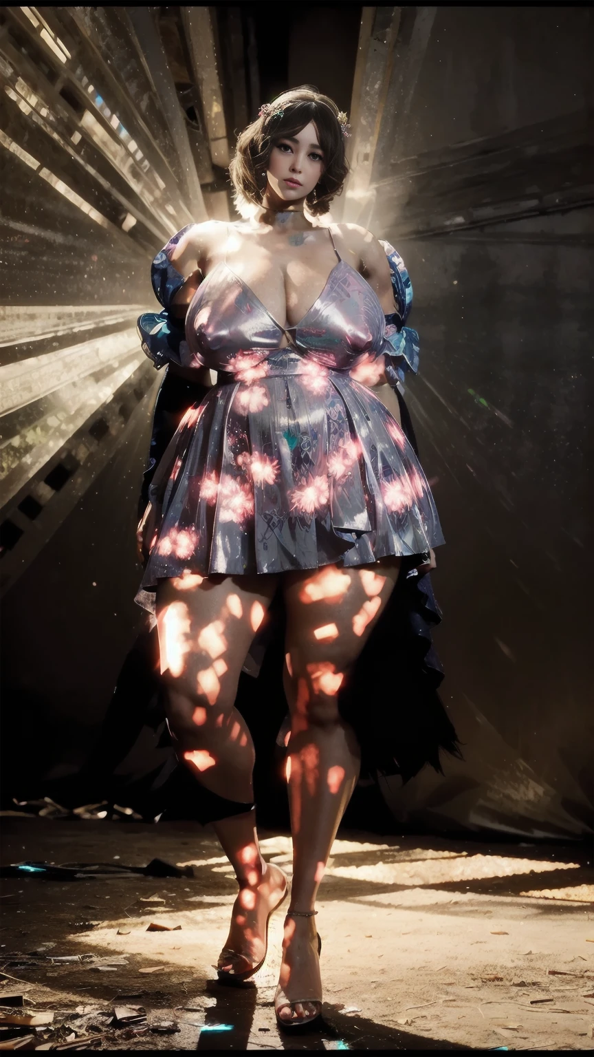 Big woman inside the at morning setting there she looks like fairy tale wearing glowing effects long scattered frock full body view,full face ,clear face, pinky chick, beautiful fingers