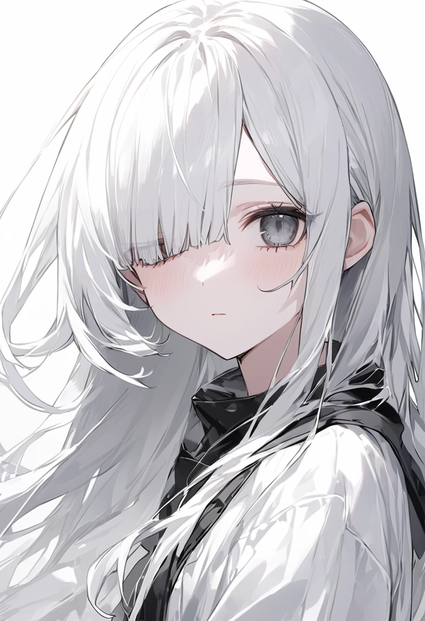 Black and White、Girl、Black and white hair、Black and white mixed、Black and white mixed髪の毛、Half Black、Half white、Long Hair、Odd Eye、Odd Eye 左目が白色 右目が黒色、Left eye is white、Left eye is white、Right eye is black、Right eye is black、全体的に黒と白が混ざったGirl、Black and WhiteのGirl、White background、白と黒のGirl、White Room、黒色と白色のGirl、emotionless、Calm、Lots of black、A lot of black