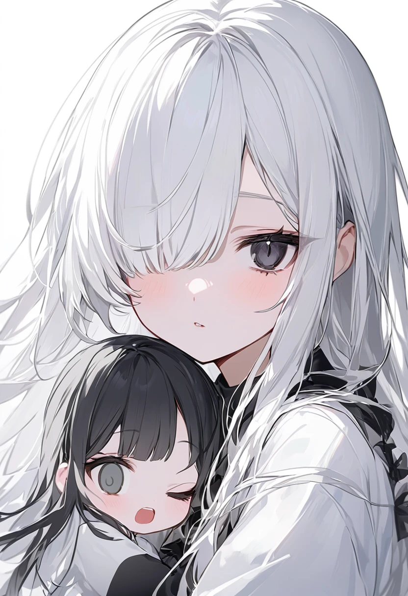 Black and White、Girl、Black and white hair、Black and white mixed、Black and white mixed髪の毛、Half Black、Half white、Long Hair、Odd Eye、Odd Eye 左目が白色 右目が黒色、Left eye is white、Left eye is white、Right eye is black、Right eye is black、全体的に黒と白が混ざったGirl、Black and WhiteのGirl、White background、白と黒のGirl、White Room、黒色と白色のGirl、emotionless、Calm、Lots of black、A lot of black