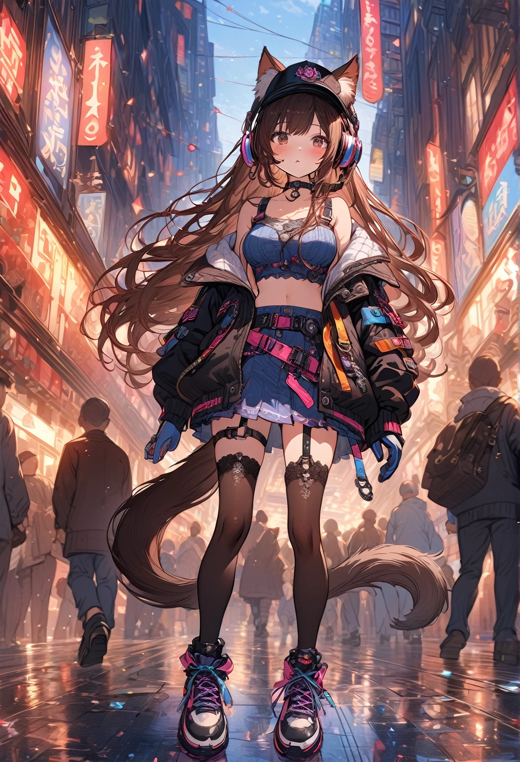 ((masterpiece:0), best quality, very aesthetic:1.5, newest, absurdres, detailed, high quality)
BREAK
highest quality, top quality, details, highres, ultra fine painting, digital art, official art, cinematic, 4k, 8k resolution, 8K CG wallpaper, CG, original artwork, detailed background, colorful background, blue atmosphere, High Dynamic Range, blurry background, blue hour, Starburst effects, crepuscular rays, good ISO, high resolution, wide shot, from far away, RAW photo, POV, sharp focus, light reflection, reflections, intricate details, soft light, particle noise, professional photography, bokeh, depth of field, natural lighting, vibrant colors, looking away, detailed lights and shadows, stylish, ultra-detailed, top rated on Pixiv, trending on Artstation, niji style, modern-days, master crafted, pose
BREAK
solo, 1girl, a girl, correct fingers, detailed hair, (medium big breasts:1.2), big thighs, short torso, short body, flushtered, blush, anxious expression, casual, slim, ((cute, childlike face):1.3), nice hips, nice body, brown hair, (long flowing hair:1.1), big 2 buns hairstyle, long bangs, long hair, middle hair bangs, brown eyes
BREAK
((colorful outfit), off shoulder crop top, short skirt, headphone, jacket, casual cap, belts, straps, choker, gloves, boots, (stockings), garterbelt, accessories, outfit ornaments, sneakers, kemonomimi, 1 tail, correct tail, (full body))
BREAK
a person walking down a street with a crowd of people, crowded street, crowded streets, in front of a large crowd, giant crowd, girl walking through city, people walking down a street