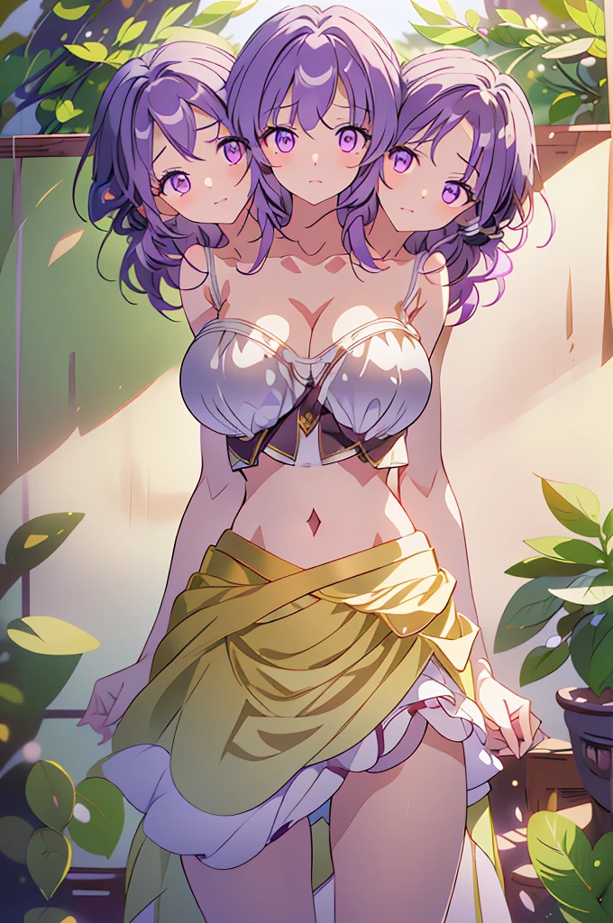 (masterpiece, best quality), best quality, (ultra-detailed), (3heads:1.5), 1girl, (rikako asakura:1.3), masterpiece, best quality, ultra quality, ultra resolution, ultra detail, white top, crop top, ((stomach)), midriff, ((groin)), white skirt, normal ears, shackles, purple hair, shoulder-length hair, flowing hair, very long hair, wavy hair, sidelocks, purple eyes, detailed eyes, parted lips, sweat, cute, open belly, toned belly, hand on own chest, eyelashes, (24 year old woman:1.3), (masterpiece:1.5), (best quality:1.5), (beautiful detailed), extremely detailed CG, extremely delicate and beautiful, depth of field, (finely detailed face), (perfect details:1.2), (mature female:1.3), wide pelvis, slender, large veiny breast, 16k resolution, highres, very high quality, very high definition, extremely detailed, masterpiece, purple hair, long hair, alluring presence, braid, short skirt, close up, very big tits, huge tits, young, white ribbon in her hair, small round glasses, cute nerd,