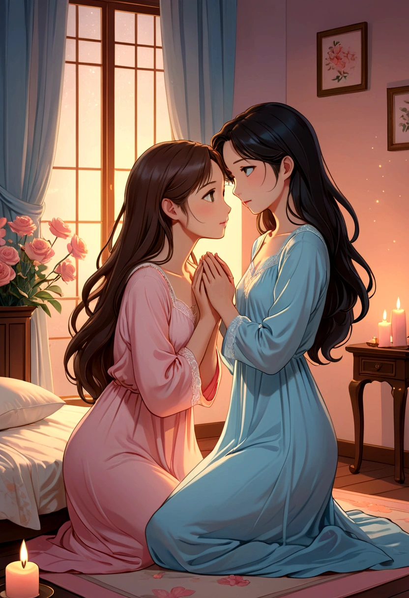 A captivating and tender anime-style illustration of two women kneeling in front of each other and looking at each other with love and complicity. young women expressing deep love and affection for each other. The first woman with Asian features, long dark hair, shy, wears a delicate pastel pink nightgown and gently holds a handkerchief. The second woman, with semi-long light brown hair and British features, is dressed in a light pastel blue nightgown. Her eyes are caught in a look full of love and tenderness. The setting is a luxurious and elegant bedroom, illuminated by the soft glow of candles, creating a warm and intimate atmosphere.