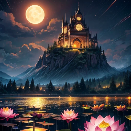 At night, Only moonlight illuminates, Distorted Moon, Distant Mountain々, Beautiful large lotus flower nearby, Big red lotus flower, Water flowing nearby, Frog, Summer full of joy, Distorted Moon in the sky mixed with stars, Awesome Wallpapers, Rainy night, Rainy night, Beautiful and beautiful, movie, High detail ((heavy rain))), 8K