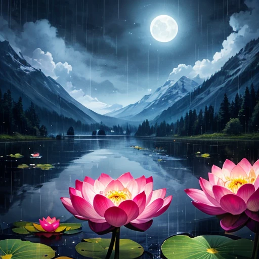 At night, Only moonlight illuminates, Distorted Moon, Distant Mountain々, Beautiful large lotus flower nearby, Big red lotus flower, Water flowing nearby, Frog, Summer full of joy, Distorted Moon in the sky mixed with stars, Awesome Wallpapers, Rainy night, Rainy night, Beautiful and beautiful, movie, High detail ((heavy rain))), 8K