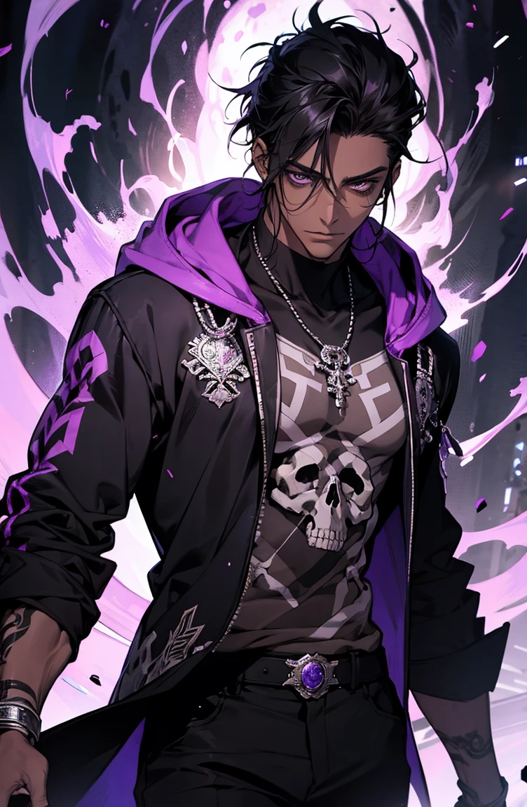 male with bones, looking away from camera, skulls, bones, handsome, black, dark skin, tall, broad shoulders, black hair, purple, purple fire, magic, detailed face, fantasy, hoodie