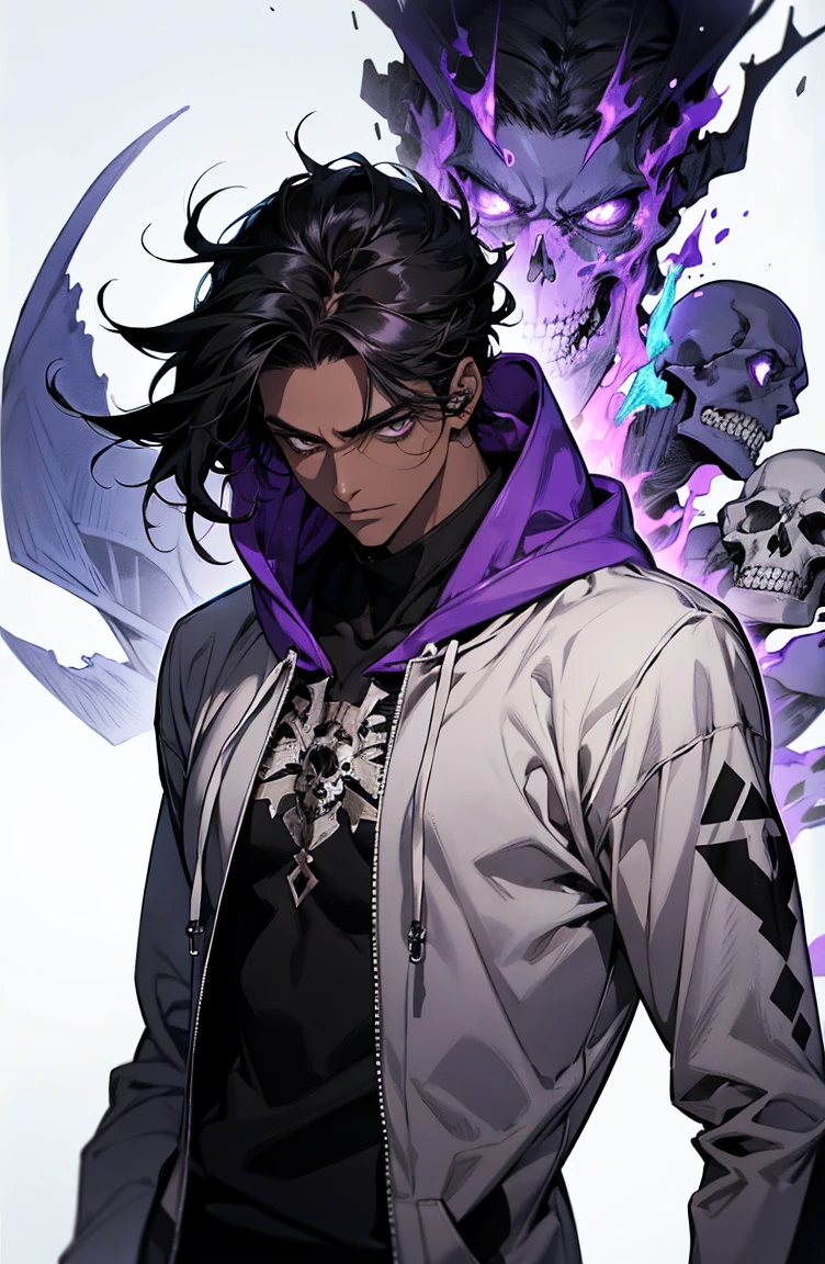 male with bones, looking away from camera, skulls, bones, handsome, black, dark skin, tall, broad shoulders, black hair, purple, purple fire, magic, detailed face, fantasy, hoodie