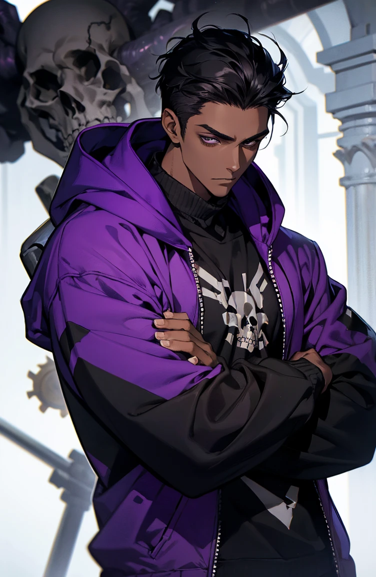 male with bones, looking away from camera, skulls, bones, handsome, black, dark skin, tall, broad shoulders, black hair, purple, purple fire, magic, detailed face, fantasy, hoodie

