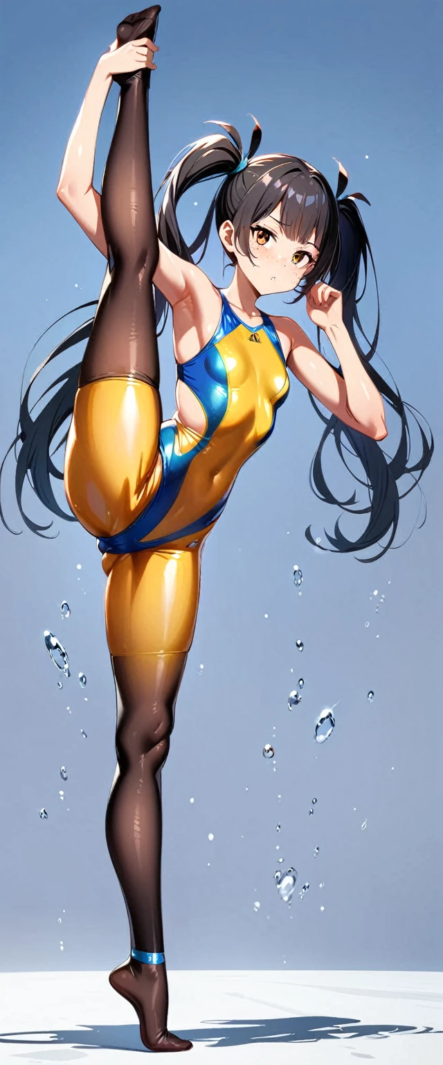  masterpiece, fullbody，, best quality, ridiculous, high resolution, 4k, ray tracing, intricate details, very detailed,  (1girl: perfect face,  small breasts , black hair, , twin tails, freckles, shiny leggings) ，standing split,full body,standing on one leg，white background,swimming suit