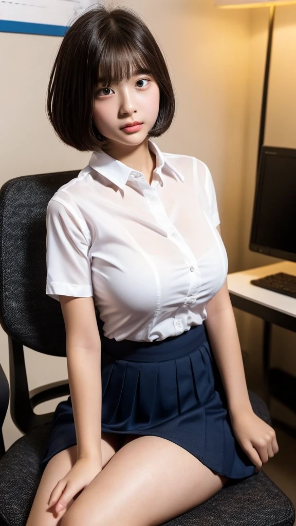 (Highest quality, 8K, masterpiece ), A 12-year-old junior high school student with a young face、 Short Hairstyles、The eyes are large and clear、F cup large breasts、Black Hair、My shirt is about to tear、Glamour thighs:1.2、satin button down shirt, Highly detailed face, double eyelid, Round face:1.2、whole body、Sexy thighs:1.2、Round face:1.3、Side angle,Diagonal horizontal angle:1.2、Pleated mini skirt、Sitting in a chair in a dark office at night with the lights out、A computer is placed in a dark office at night with the lights off.