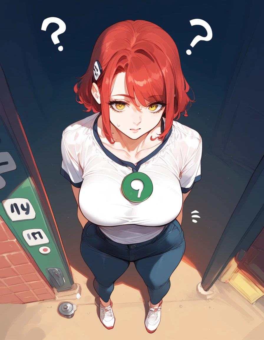 punctuation_9, punctuation_8_High above, punctuation_7_High above, punctuation_6_High above, punctuation_5_High above, mixed_artwork style,
1 girl, standing alone, hands, Red hair, yellow eyes