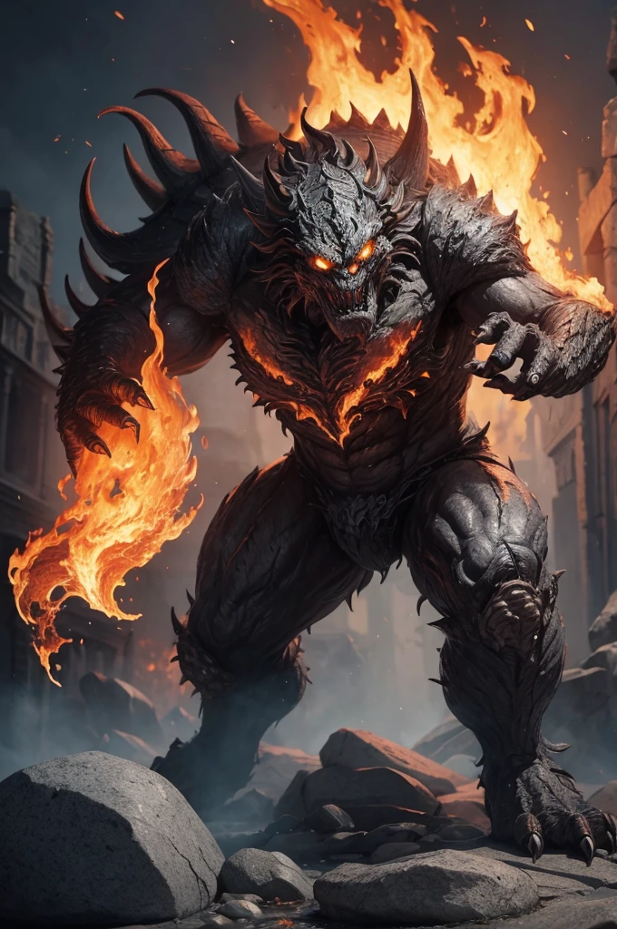 ((best quality)), ((masterpiece)), (detailed)), ((monster made of stone and fire))
