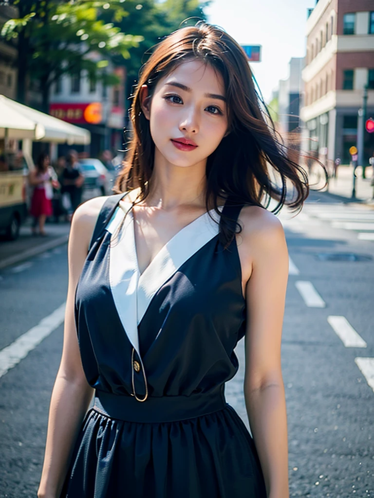 Woman posing seductive on street corner, Highest quality, High resolution, 8K, 一peopleの女の子, Outdoor, (street: 0.8), (people々, crowd: 1), Sleeveless dress, Black Dress: 1.5), Gorgeous Hair), (Dynamic pose: 0.8), (Upper Body: 1.2), Soft lighting, Wind, Shiny skin, sight,