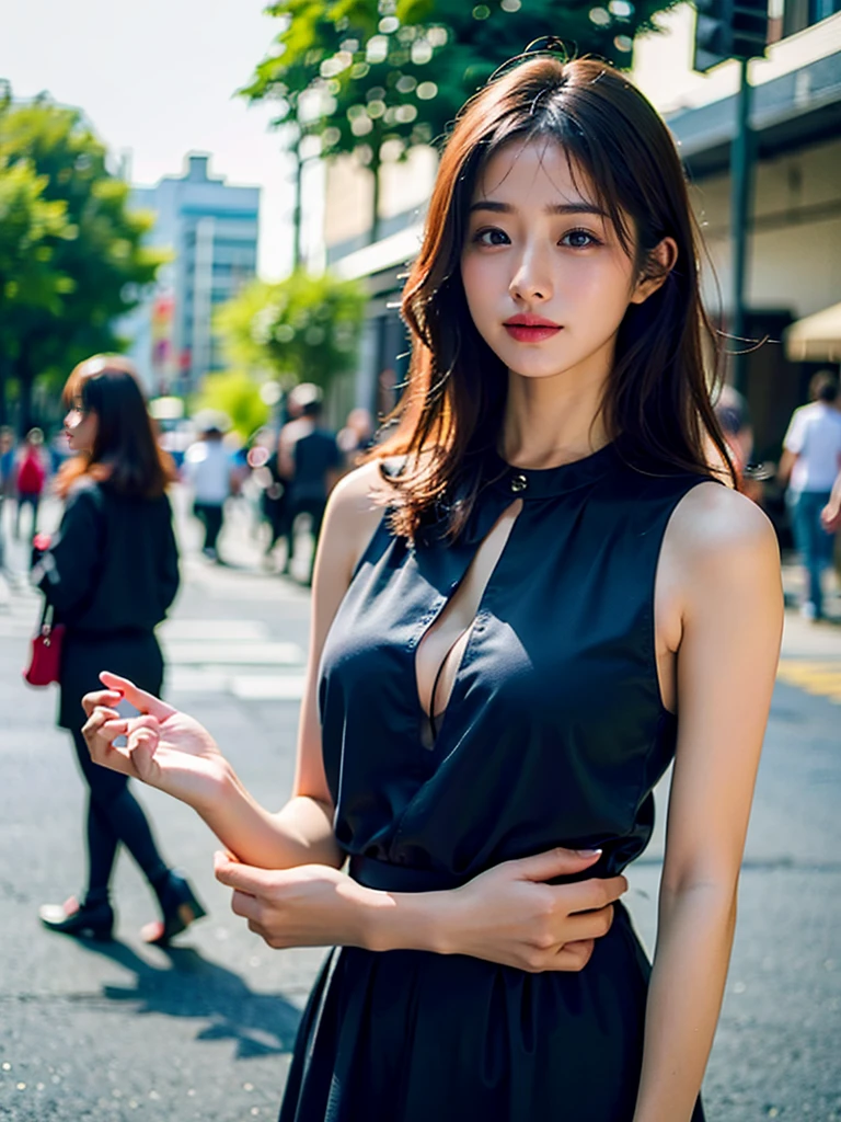 Woman posing seductive on street corner, Highest quality, High resolution, 8K, 一peopleの女の子, Outdoor, (street: 0.8), (people々, crowd: 1), Sleeveless dress, Black Dress: 1.5), Gorgeous Hair), (Dynamic pose: 0.8), (Upper Body: 1.2), Soft lighting, Wind, Shiny skin, sight,