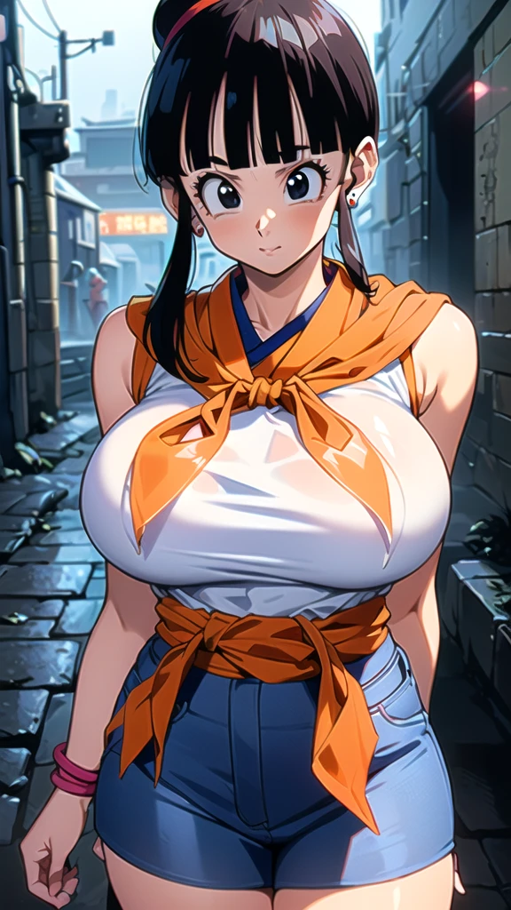 (ultra realistic,32k,RAW photo:1.1),(high detailed skin:1.1), 8k uhd, dslr, high quality, film grain, (makeup, mascara:1.1),(Videl dragon ball :1.4), lips,(thick\lips\), ,(Cyberpunk ruined dungeon ruins alley background :1.4 ), (miniskirt white :1.4), (medias blancas brillantes/pantys:1.4),(japanese white kimono :1.4), 
(shiny glossy translucent clothing:1.4 ), dragon ball, bbchichi, single hair bun, hair bun, (blunt bangs:1.4) , sidelocks, black eyes, earrings,( orange neckerchief:1.4) , orange scarf, purple dress, sleeveless, bracelet, huge breast, 
(looking at viewer, portrait:1.1),, 
 (busty:1.1) ,  (chubby:0.1),(soft shaded neon light:1.1),dark theme, A very clean and well organized contemporary place, (dynamic cowboy pose), (perfect anatomy :1.4), (Videl dragon ball V2.1), ,( ciberpunk 2.1),( mini skirt white :1.4