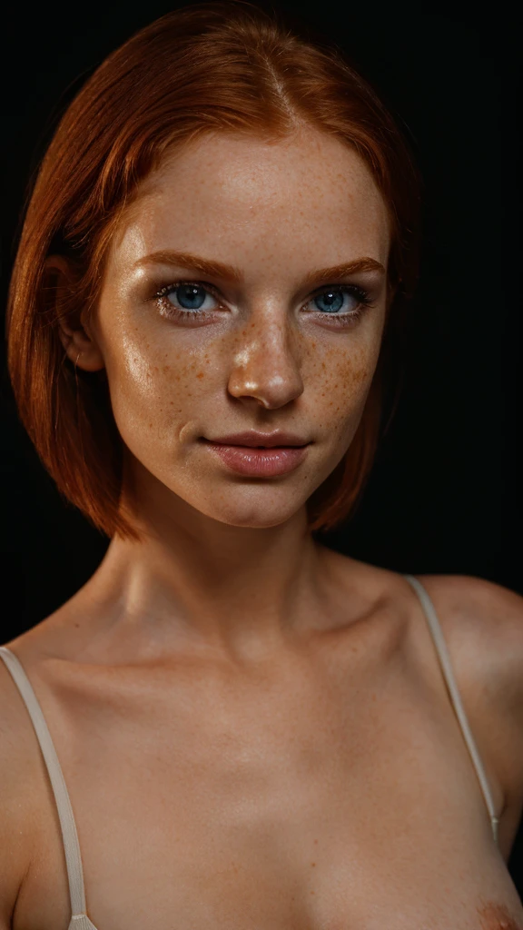 Super cute young Irish redhead girl with dark theme flash photography, short hair, thin nose and thin neck, freckles. pointed natural breasts with natural sagging, (hard nipples with realistic details, real skin, real nipples, epic nipple realism,), ((very small waist, slim body, thin and wide hips)), (full body), blue eyes , highly detailed eyes, realistic skin, epic realism, NSFW, seductive look, perfect teeth, realistic skin, epic realism, HDR: 1.5, epic skin detail, (8k, RAW photo, maximum quality),
