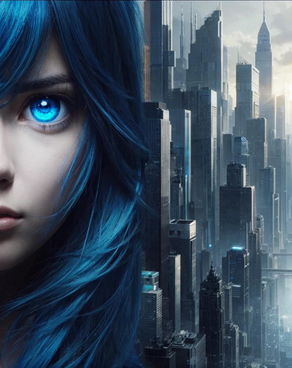 MYSTERY, intrigue, 1 girl with blue hair, glare, futuristic background