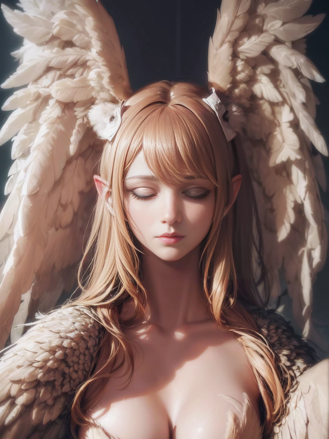 (The best quality at its best, 4K, 8K, High resolution, masterpiece:1.2), Super detailed, (Actual, Realistically, Realistic:1.37), Angel Beast, Blindfold, feather ears, ((whole body)), huge 