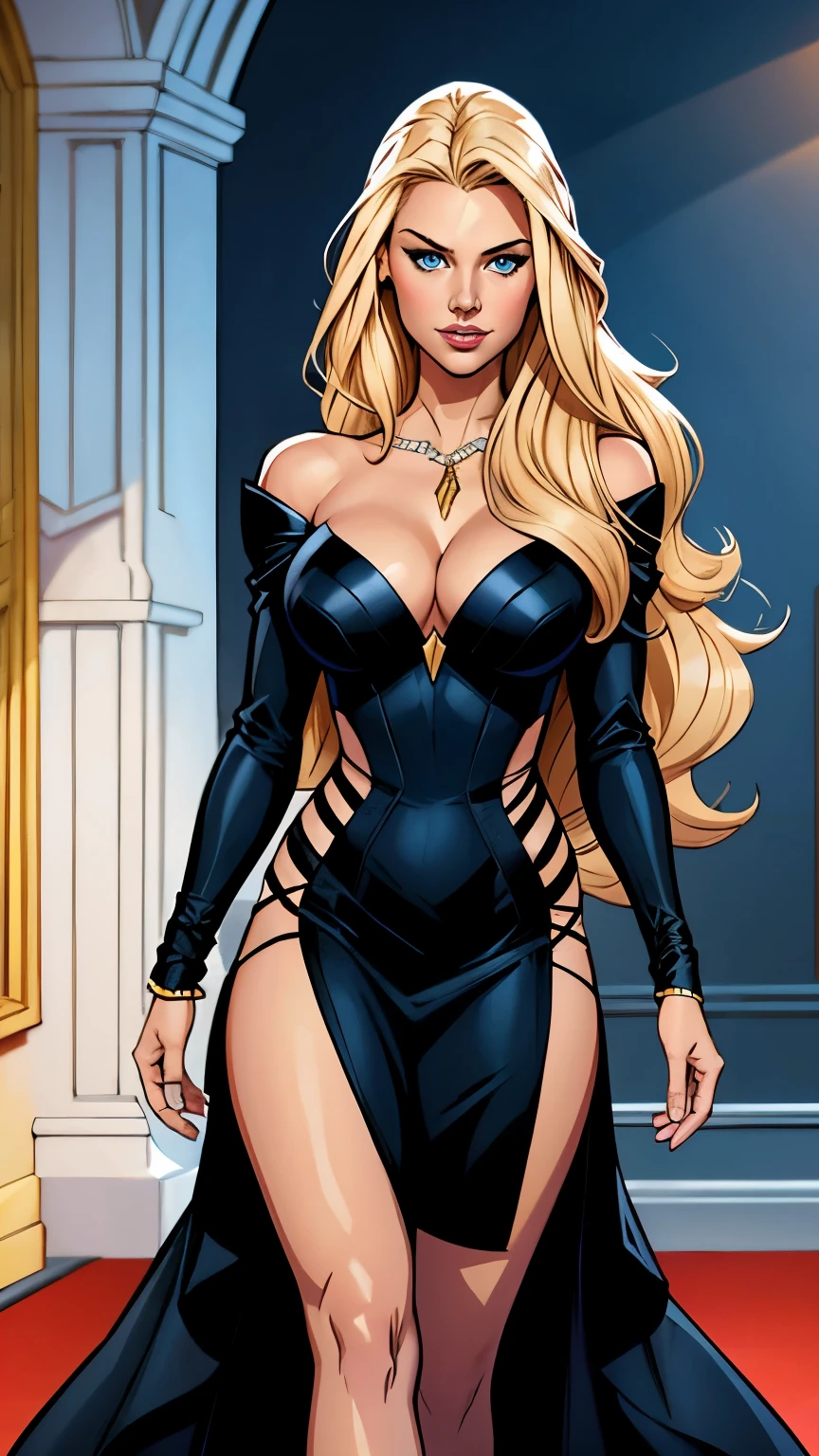 .21 year old woman , long straight blonde hair, bright and expressive blue eyes, she opted for an elegant black dress. loot, busty. comic style. quadrinhos da marvel